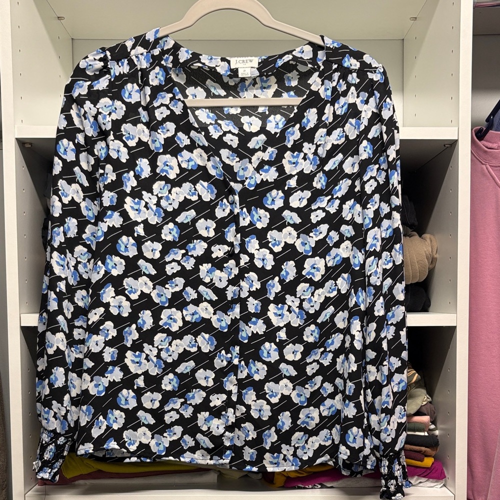 J. Crew Black and Blue Floral Blouse